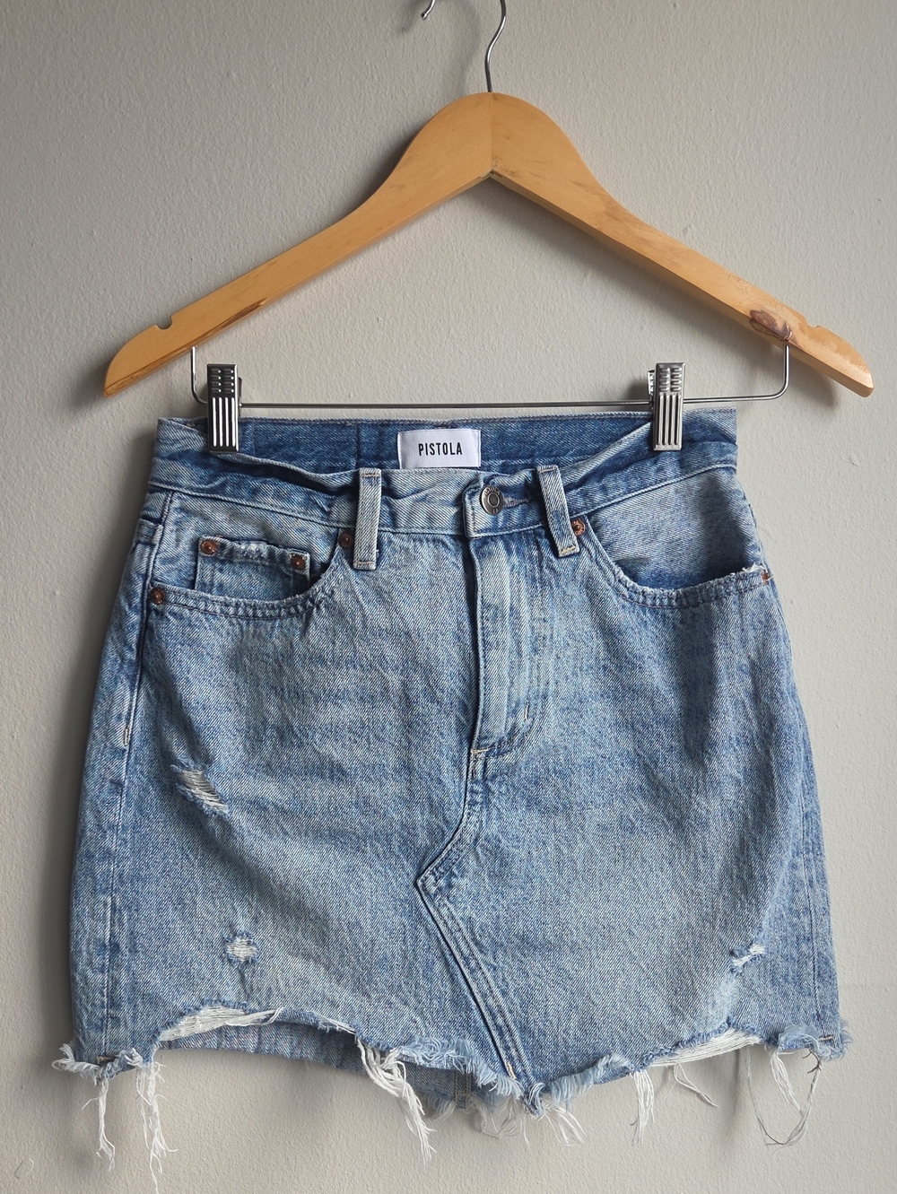 pistola light blue distressed denim mini skirt